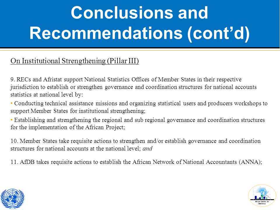 African Centre for Statistics Conclusions and Recommendations (cont’d) On Institutional Strengthening (Pillar III) 9.