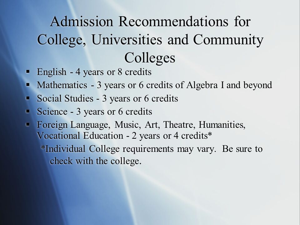 Admission Recommendations for College, Universities and Community Colleges  English - 4 years or 8 credits  Mathematics - 3 years or 6 credits of Algebra I and beyond  Social Studies - 3 years or 6 credits  Science - 3 years or 6 credits  Foreign Language, Music, Art, Theatre, Humanities, Vocational Education - 2 years or 4 credits* *Individual College requirements may vary.