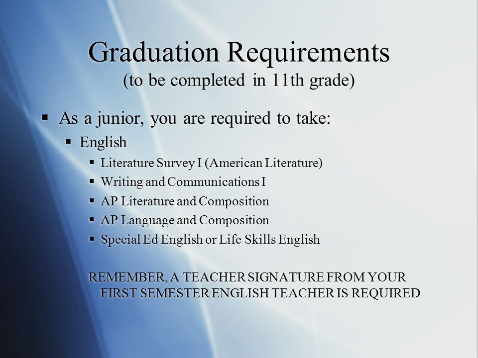 Graduation Requirements (to be completed in 11th grade)  As a junior, you are required to take:  English  Literature Survey I (American Literature)  Writing and Communications I  AP Literature and Composition  AP Language and Composition  Special Ed English or Life Skills English REMEMBER, A TEACHER SIGNATURE FROM YOUR FIRST SEMESTER ENGLISH TEACHER IS REQUIRED  As a junior, you are required to take:  English  Literature Survey I (American Literature)  Writing and Communications I  AP Literature and Composition  AP Language and Composition  Special Ed English or Life Skills English REMEMBER, A TEACHER SIGNATURE FROM YOUR FIRST SEMESTER ENGLISH TEACHER IS REQUIRED
