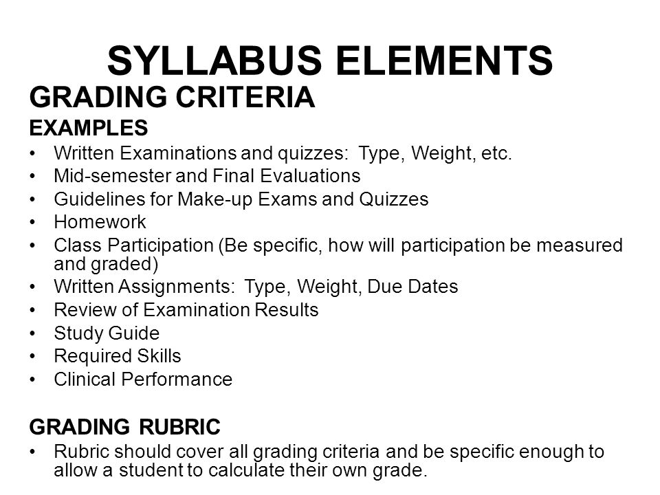 SYLLABUS ELEMENTS GRADING CRITERIA EXAMPLES Written Examinations and quizzes: Type, Weight, etc.