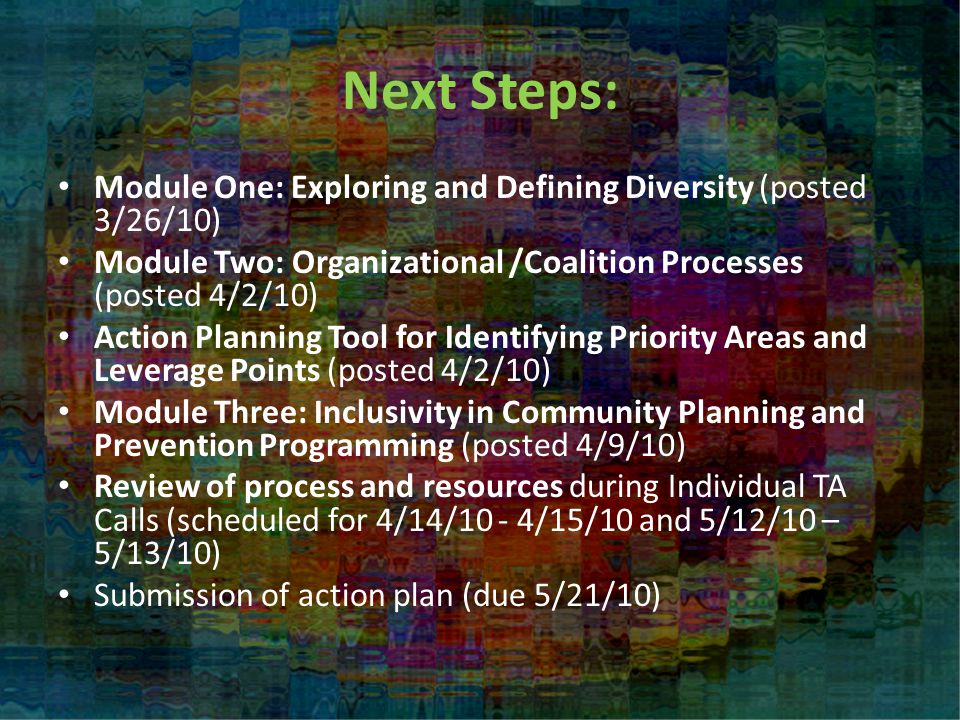 Next Steps: Module One: Exploring and Defining Diversity (posted 3/26/10) Module Two: Organizational /Coalition Processes (posted 4/2/10) Action Planning Tool for Identifying Priority Areas and Leverage Points (posted 4/2/10) Module Three: Inclusivity in Community Planning and Prevention Programming (posted 4/9/10) Review of process and resources during Individual TA Calls (scheduled for 4/14/10 - 4/15/10 and 5/12/10 – 5/13/10) Submission of action plan (due 5/21/10)
