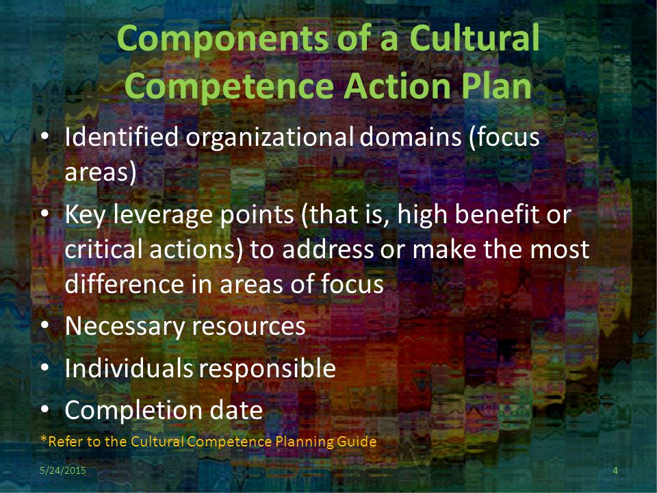 Components of a Cultural Competence Action Plan Identified organizational domains (focus areas) Key leverage points (that is, high benefit or critical actions) to address or make the most difference in areas of focus Necessary resources Individuals responsible Completion date *Refer to the Cultural Competence Planning Guide 5/24/20154