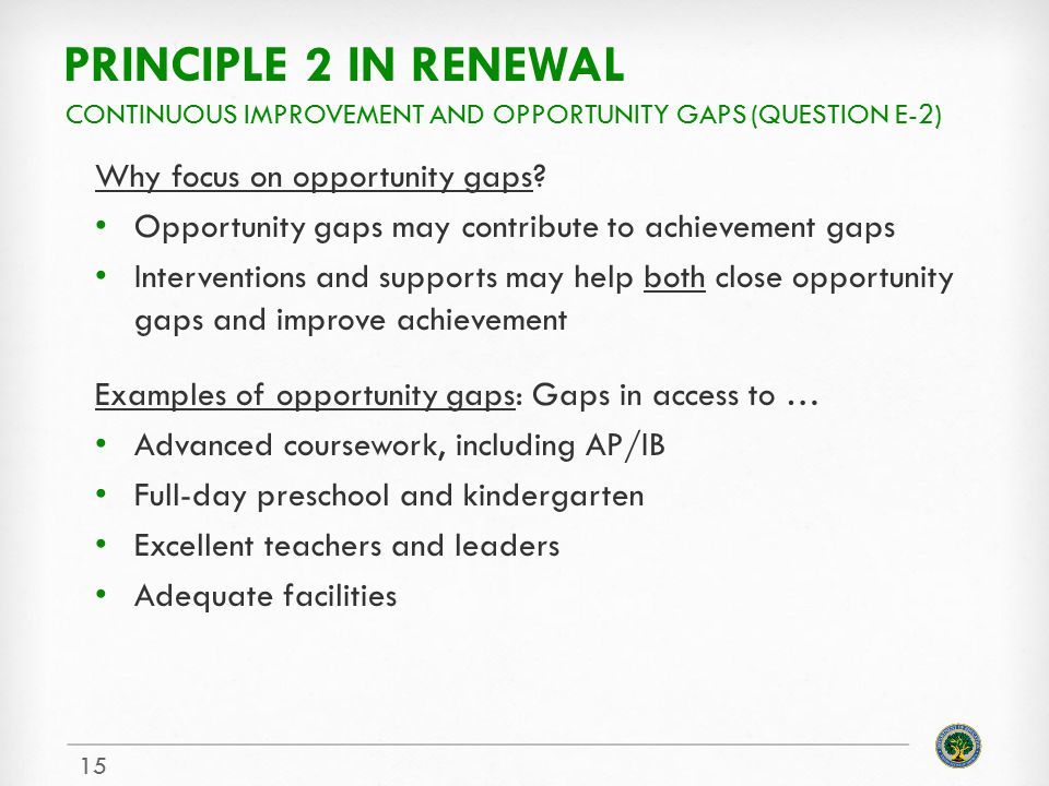 PRINCIPLE 2 IN RENEWAL Why focus on opportunity gaps.