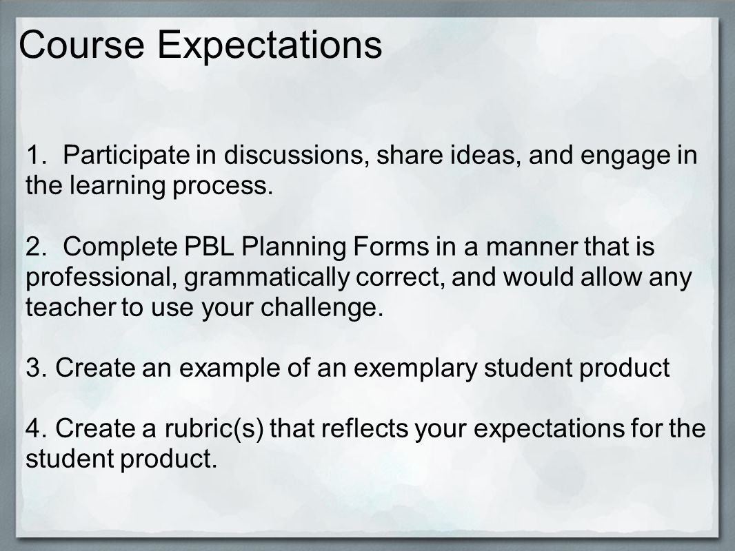 Course Expectations 1. Participate in discussions, share ideas, and engage in the learning process.