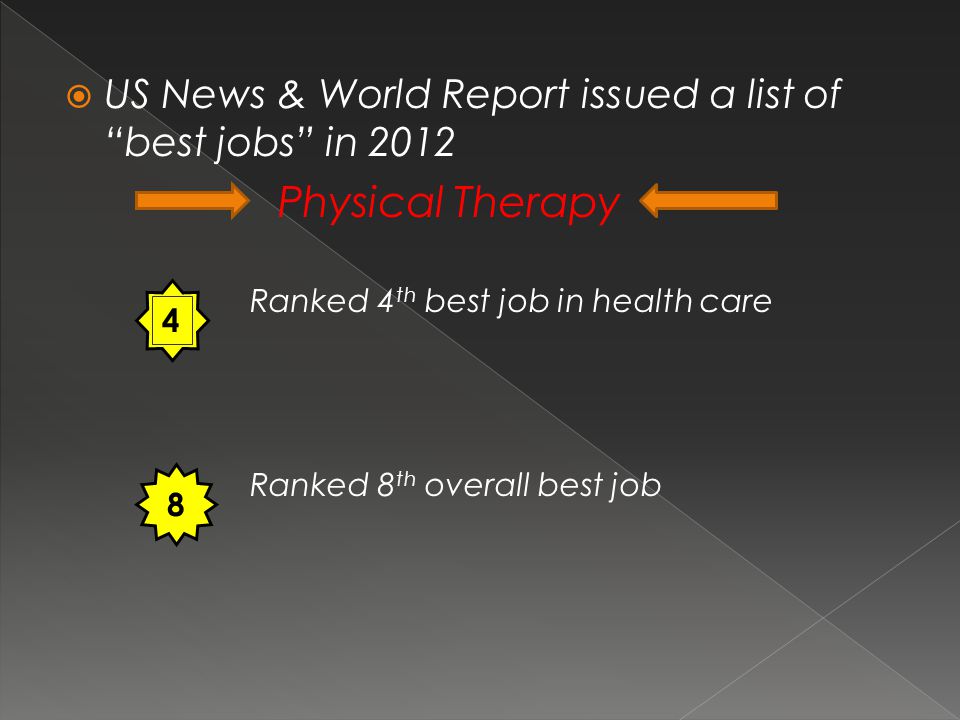  US News & World Report issued a list of best jobs in 2012 Physical Therapy Ranked 4 th best job in health care Ranked 8 th overall best job 4 8