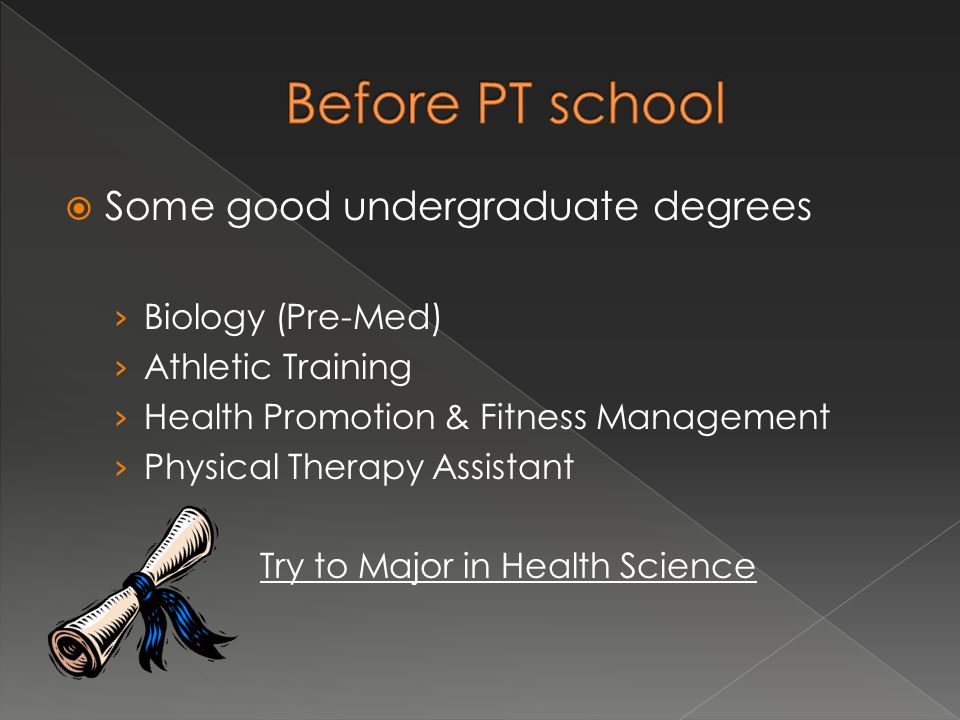  Some good undergraduate degrees › Biology (Pre-Med) › Athletic Training › Health Promotion & Fitness Management › Physical Therapy Assistant Try to Major in Health Science