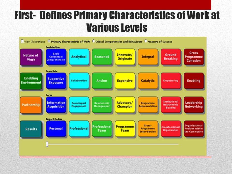 First- Defines Primary Characteristics of Work at Various Levels