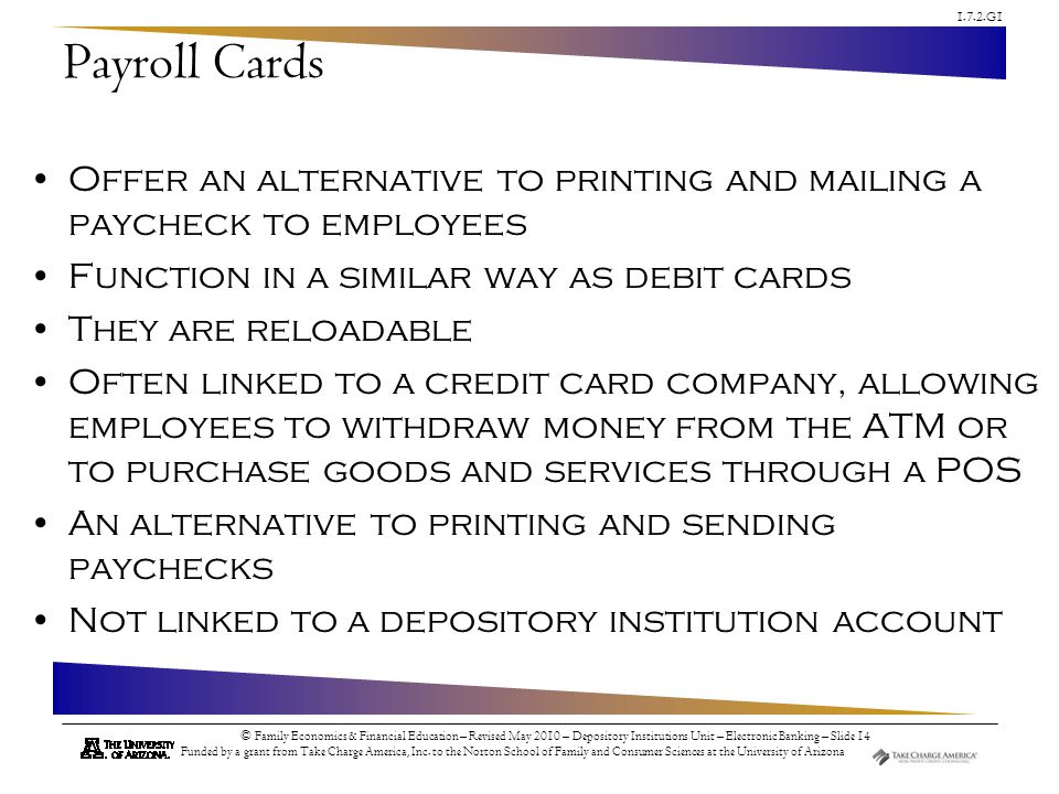 1.7.2.G1 © Family Economics & Financial Education – Revised May 2010 – Depository Institutions Unit – Electronic Banking – Slide 14 Funded by a grant from Take Charge America, Inc.