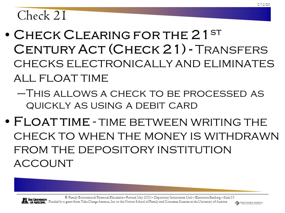 1.7.2.G1 © Family Economics & Financial Education – Revised May 2010 – Depository Institutions Unit – Electronic Banking – Slide 15 Funded by a grant from Take Charge America, Inc.