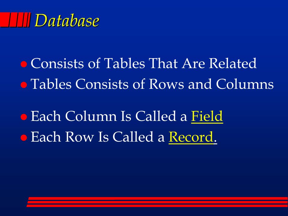 Database l Consists of Tables That Are Related l Tables Consists of Rows and Columns l Each Column Is Called a Field l Each Row Is Called a Record.
