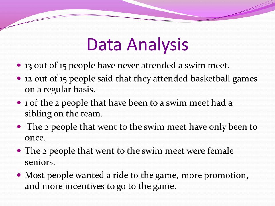 Data Analysis 13 out of 15 people have never attended a swim meet.