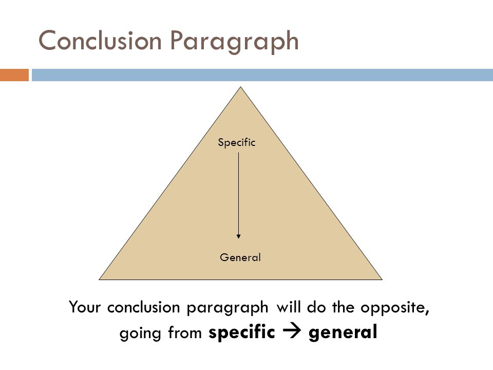 Conclusion Paragraph Your conclusion paragraph will do the opposite, going from specific  general Specific General