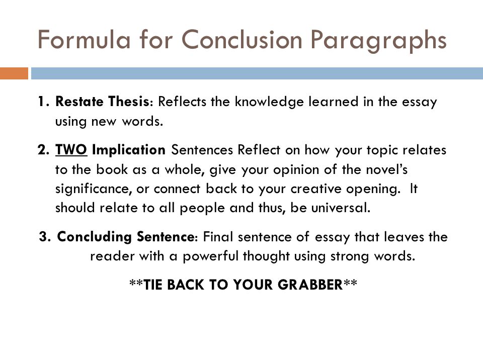 Formula for Conclusion Paragraphs 1.Restate Thesis: Reflects the knowledge learned in the essay using new words.