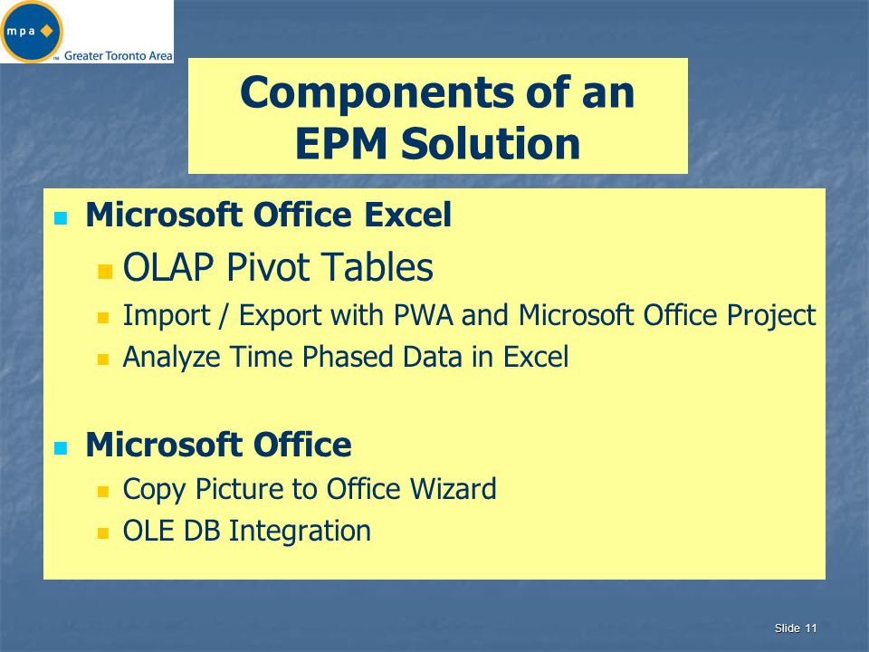 Slide 11 Components of an EPM Solution Microsoft Office Excel OLAP Pivot Tables Import / Export with PWA and Microsoft Office Project Analyze Time Phased Data in Excel Microsoft Office Copy Picture to Office Wizard OLE DB Integration