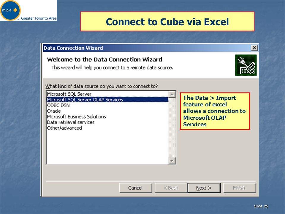 Slide 25 Connect to Cube via Excel The Data > Import feature of excel allows a connection to Microsoft OLAP Services