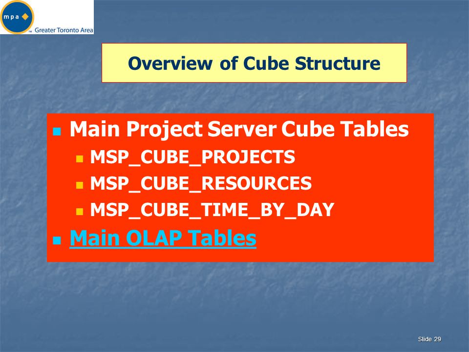 Slide 29 Overview of Cube Structure Main Project Server Cube Tables MSP_CUBE_PROJECTS MSP_CUBE_RESOURCES MSP_CUBE_TIME_BY_DAY Main OLAP Tables