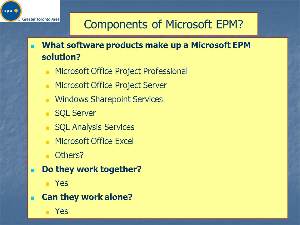Slide 3 Components of Microsoft EPM. What software products make up a Microsoft EPM solution.