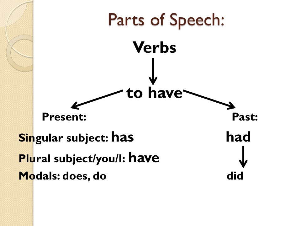 Parts of Speech: Verbs to have Present: Past: Singular subject: has had Plural subject/you/I: have Modals: does, do did