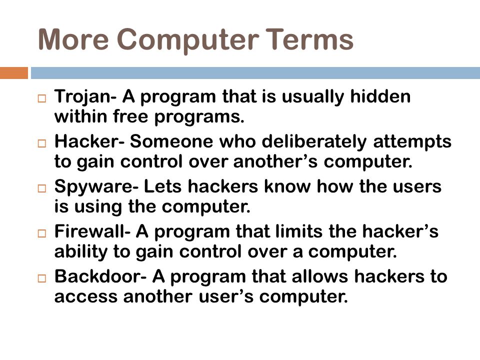More Computer Terms  Trojan- A program that is usually hidden within free programs.