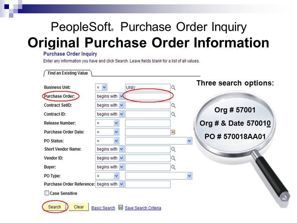 PeopleSoft ® Purchase Order Inquiry Original Purchase Order Information Three search options: Org # Org # & Date PO # AA01