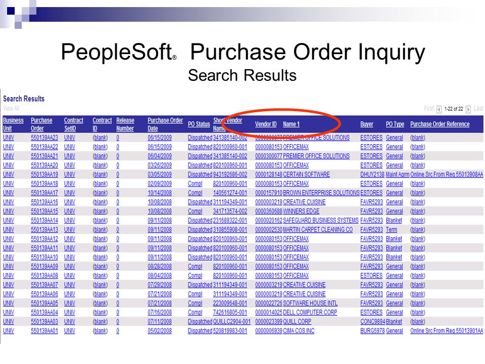 PeopleSoft ® Purchase Order Inquiry Search Results