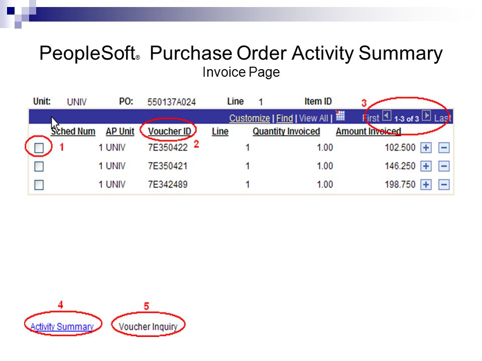 PeopleSoft ® Purchase Order Activity Summary Invoice Page
