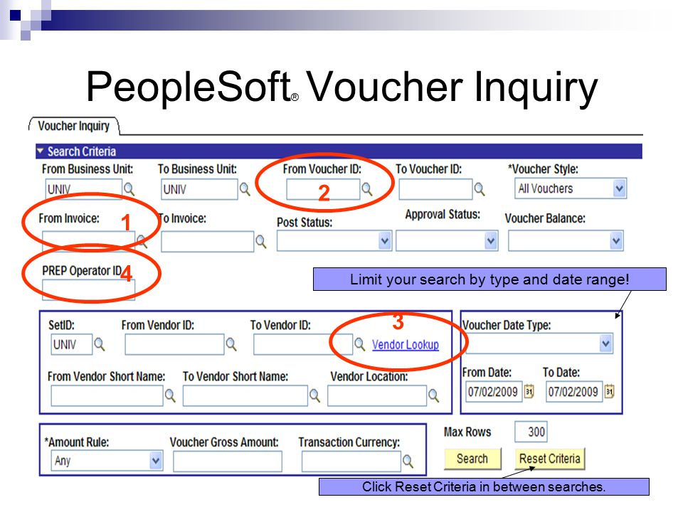 PeopleSoft ® Voucher Inquiry Limit your search by type and date range.