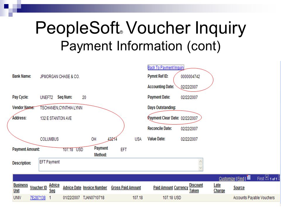 PeopleSoft ® Voucher Inquiry Payment Information (cont)