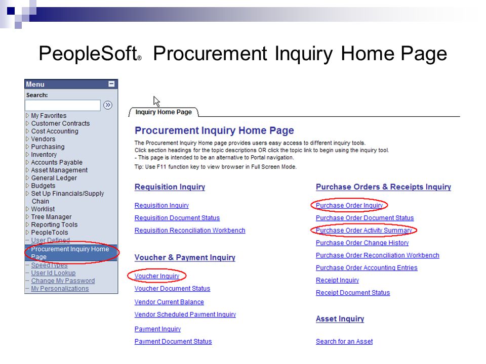PeopleSoft ® Procurement Inquiry Home Page