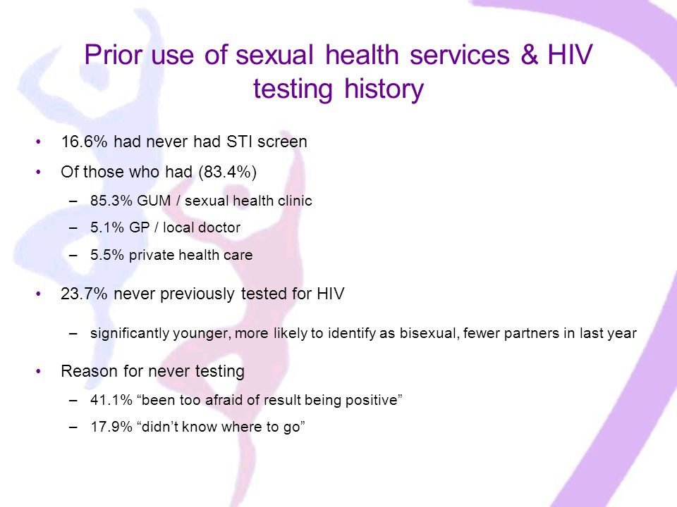 Prior use of sexual health services & HIV testing history 16.6% had never had STI screen Of those who had (83.4%) –85.3% GUM / sexual health clinic –5.1% GP / local doctor –5.5% private health care 23.7% never previously tested for HIV –significantly younger, more likely to identify as bisexual, fewer partners in last year Reason for never testing –41.1% been too afraid of result being positive –17.9% didn’t know where to go