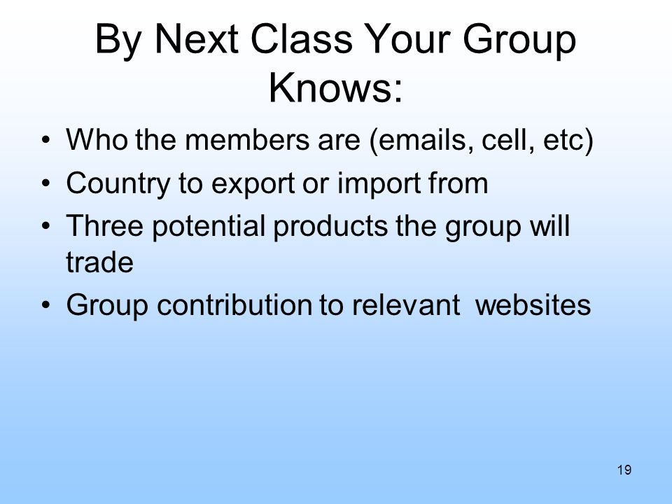 By Next Class Your Group Knows: Who the members are ( s, cell, etc) Country to export or import from Three potential products the group will trade Group contribution to relevant websites 19
