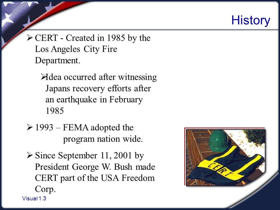 Visual 1.3 History  CERT - Created in 1985 by the Los Angeles City Fire Department.