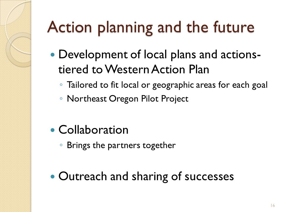 Action planning and the future Development of local plans and actions- tiered to Western Action Plan ◦ Tailored to fit local or geographic areas for each goal ◦ Northeast Oregon Pilot Project Collaboration ◦ Brings the partners together Outreach and sharing of successes 16