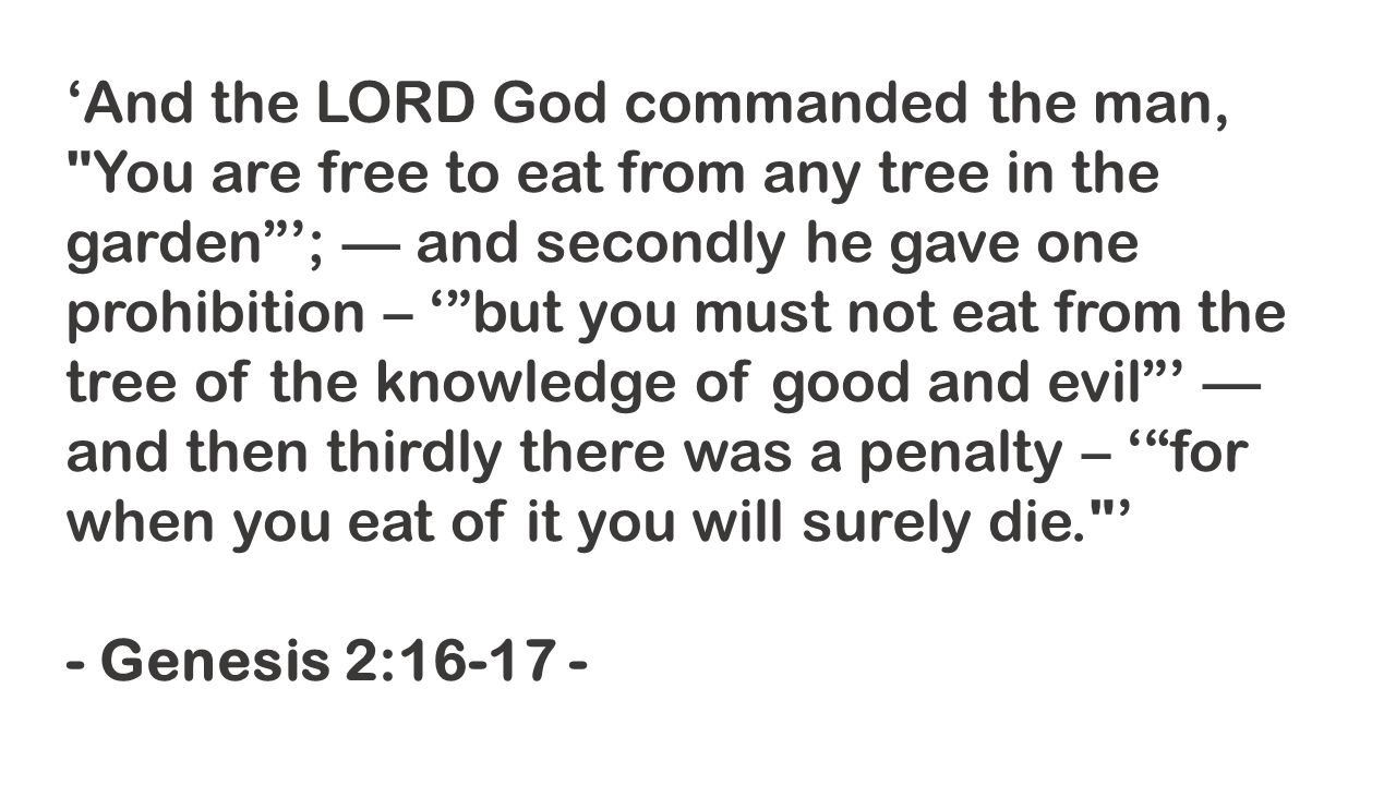 ‘And the LORD God commanded the man, You are free to eat from any tree in the garden ’; — and secondly he gave one prohibition – ‘ but you must not eat from the tree of the knowledge of good and evil ’ — and then thirdly there was a penalty – ‘ for when you eat of it you will surely die. ’ - Genesis 2: