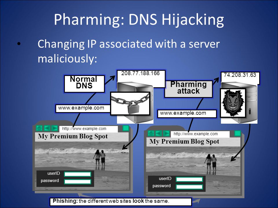Pharming: DNS Hijacking Changing IP associated with a server maliciously:   My Premium Blog Spot userID: password:   My Premium Blog Spot   Normal DNS Pharming attack Phishing: the different web sites look the same.