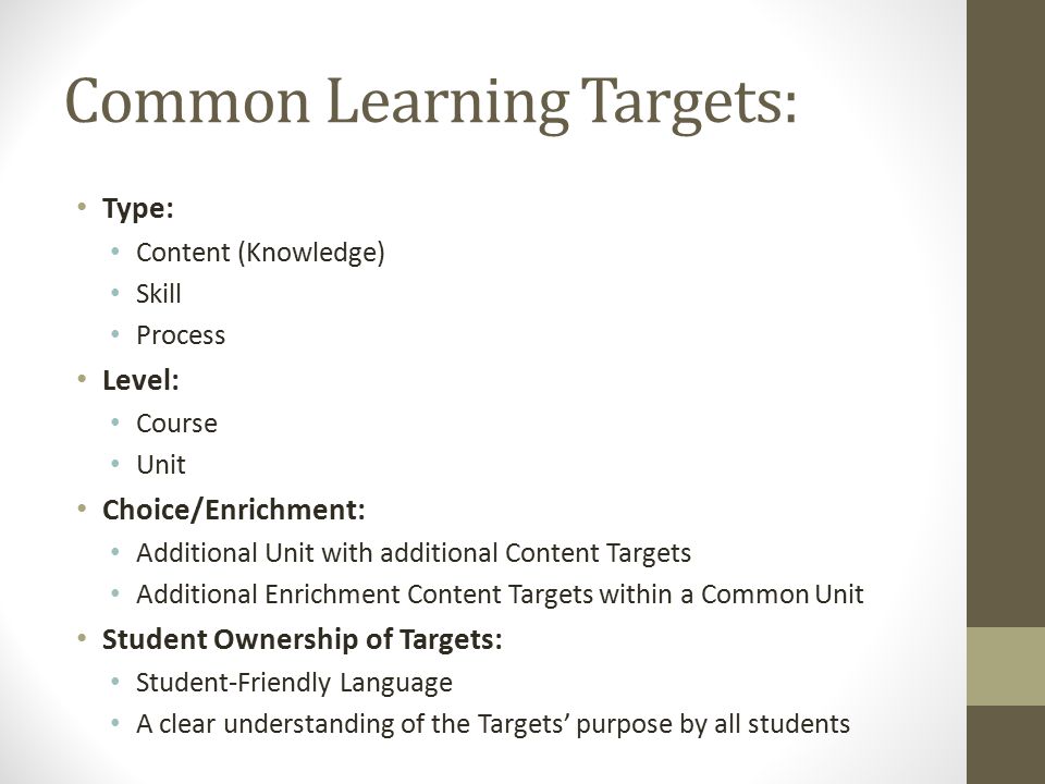 Common Learning Targets: Type: Content (Knowledge) Skill Process Level: Course Unit Choice/Enrichment: Additional Unit with additional Content Targets Additional Enrichment Content Targets within a Common Unit Student Ownership of Targets: Student-Friendly Language A clear understanding of the Targets’ purpose by all students