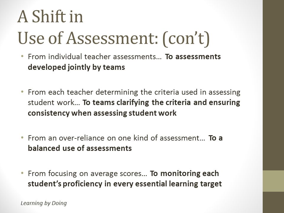 A Shift in Use of Assessment: (con’t) From individual teacher assessments… To assessments developed jointly by teams From each teacher determining the criteria used in assessing student work… To teams clarifying the criteria and ensuring consistency when assessing student work From an over-reliance on one kind of assessment… To a balanced use of assessments From focusing on average scores… To monitoring each student’s proficiency in every essential learning target Learning by Doing