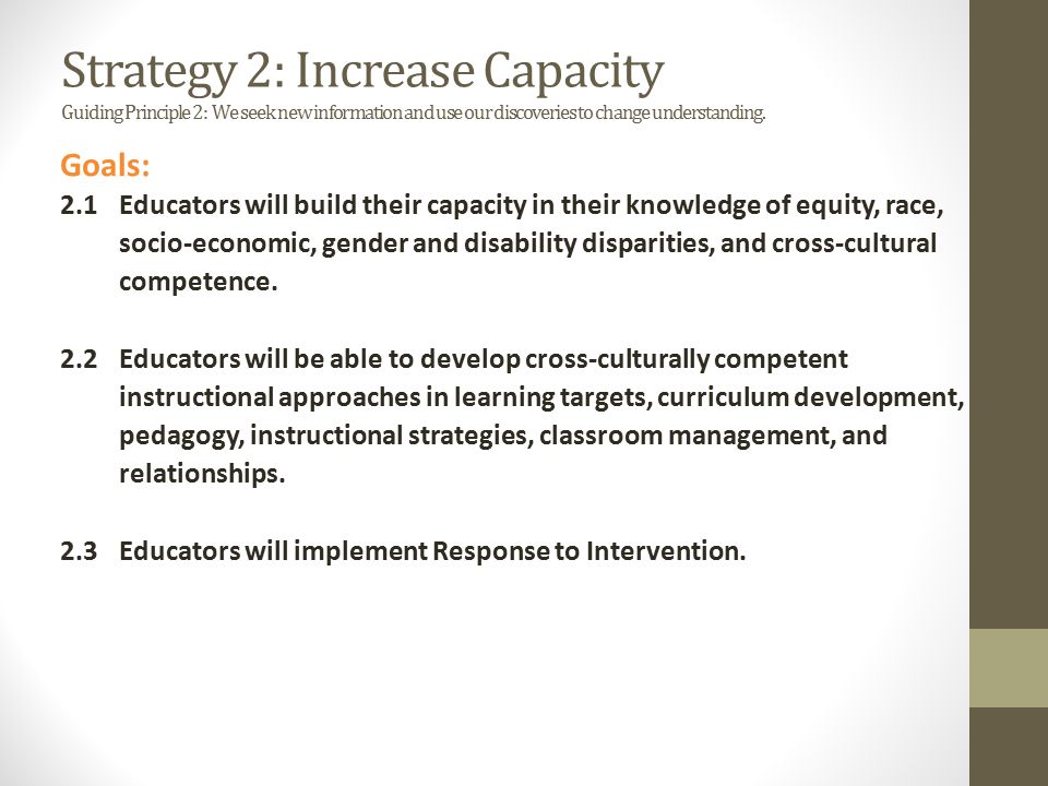 Strategy 2: Increase Capacity Guiding Principle 2: We seek new information and use our discoveries to change understanding.