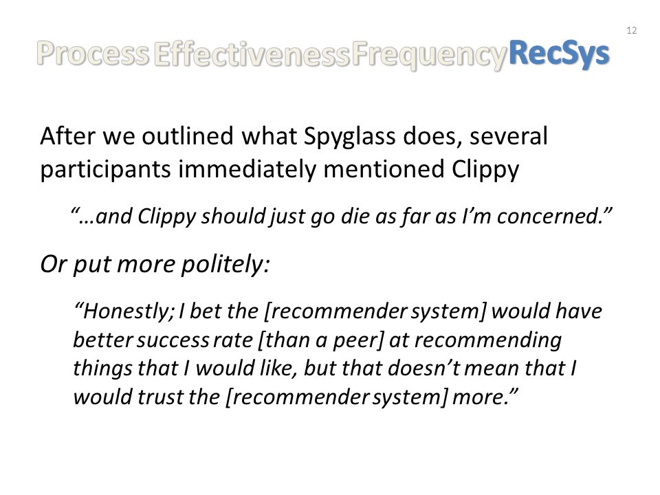 After we outlined what Spyglass does, several participants immediately mentioned Clippy …and Clippy should just go die as far as I’m concerned. Or put more politely: Honestly; I bet the [recommender system] would have better success rate [than a peer] at recommending things that I would like, but that doesn’t mean that I would trust the [recommender system] more. 12