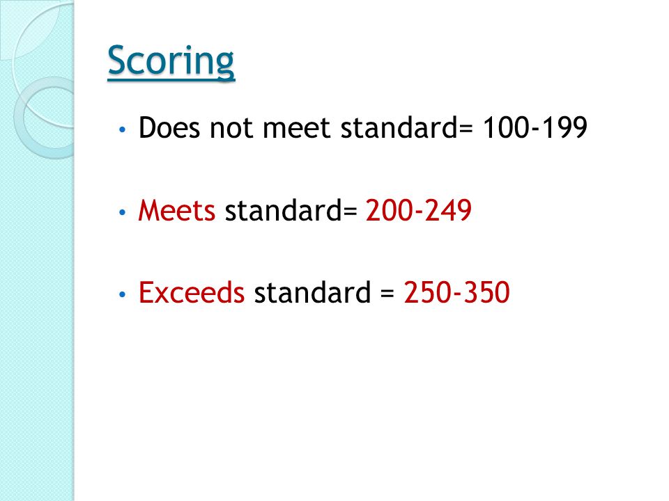 Scoring Does not meet standard= Meets standard= Exceeds standard =