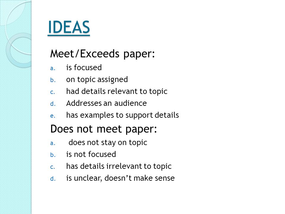 IDEAS Meet/Exceeds paper: a. is focused b. on topic assigned c.
