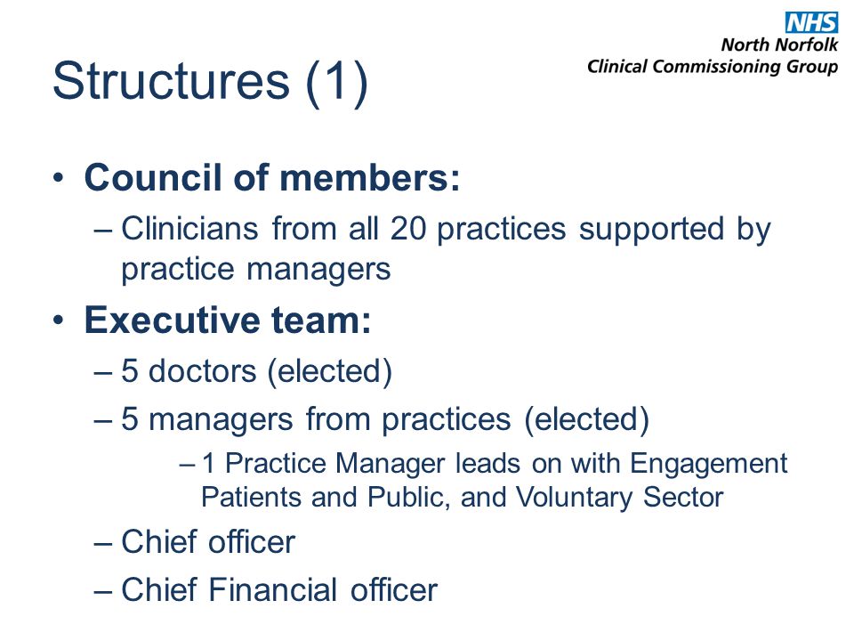 Structures (1) Council of members: –Clinicians from all 20 practices supported by practice managers Executive team: –5 doctors (elected) –5 managers from practices (elected) –1 Practice Manager leads on with Engagement Patients and Public, and Voluntary Sector –Chief officer –Chief Financial officer