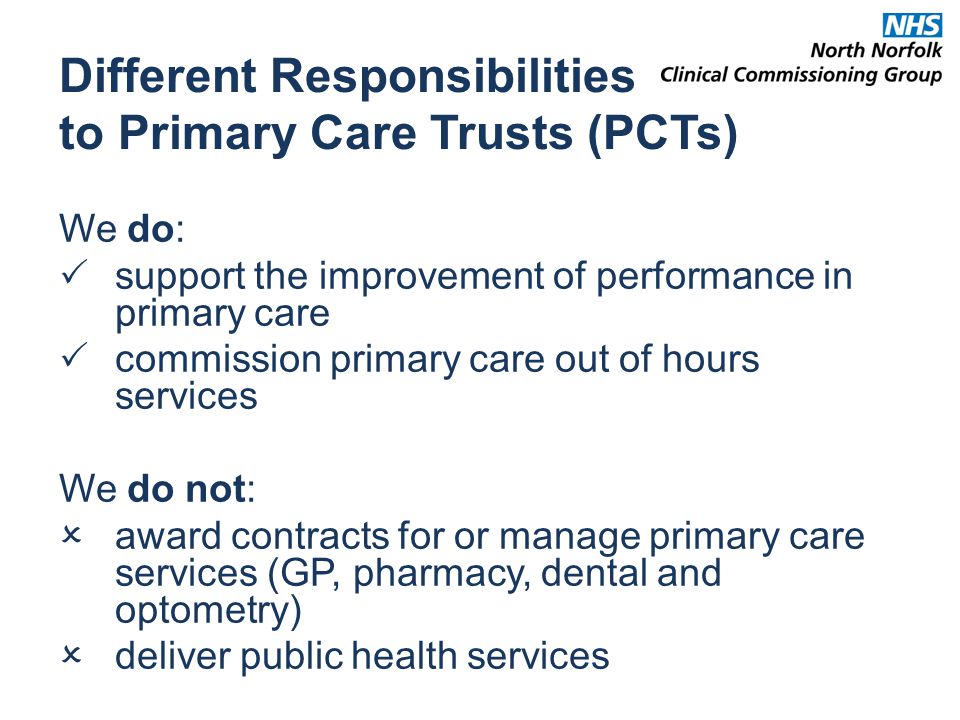 Different Responsibilities to Primary Care Trusts (PCTs) We do:  support the improvement of performance in primary care  commission primary care out of hours services We do not:  award contracts for or manage primary care services (GP, pharmacy, dental and optometry)  deliver public health services