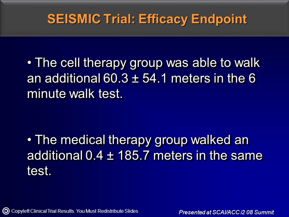 SEISMIC Trial: Efficacy Endpoint Presented at SCAI/ACC i2 08 Summit Copyleft Clinical Trial Results.