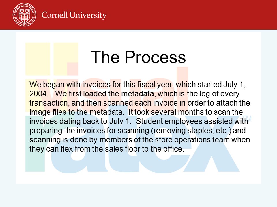 The Process We began with invoices for this fiscal year, which started July 1, 2004.