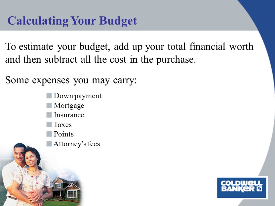 Calculating Your Budget To estimate your budget, add up your total financial worth and then subtract all the cost in the purchase.