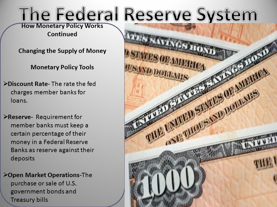 How Monetary Policy Works Continued Changing the Supply of Money Monetary Policy Tools  Discount Rate- The rate the fed charges member banks for loans.