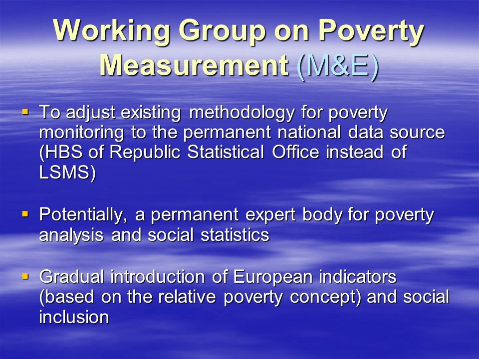Working Group on Poverty Measurement (M&E)  To adjust existing methodology for poverty monitoring to the permanent national data source (HBS of Republic Statistical Office instead of LSMS)  Potentially, a permanent expert body for poverty analysis and social statistics  Gradual introduction of European indicators (based on the relative poverty concept) and social inclusion