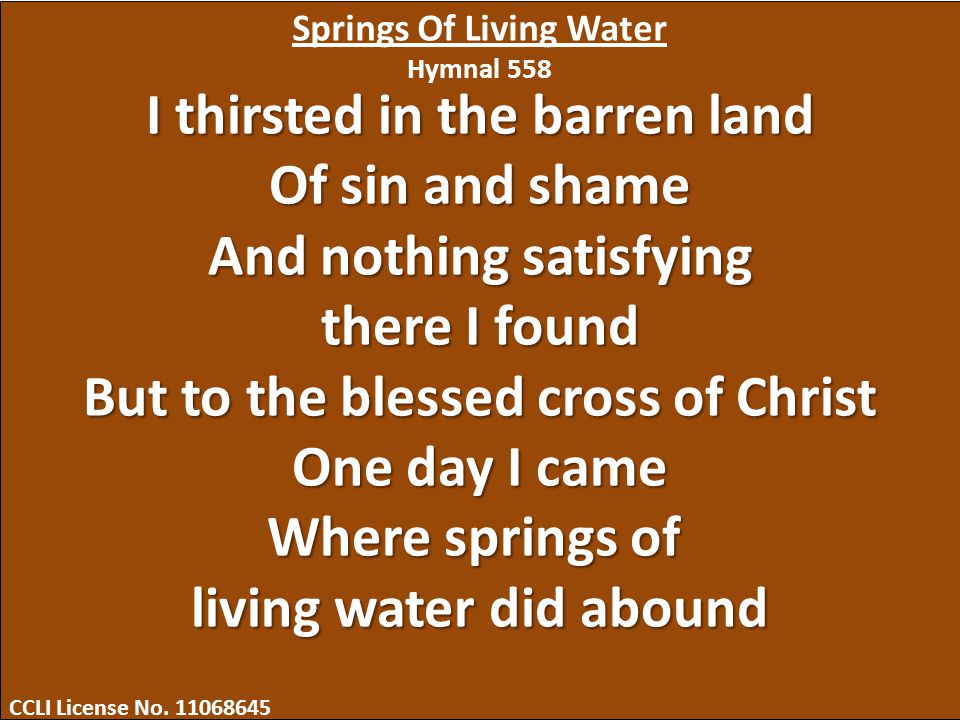 I thirsted in the barren land Of sin and shame And nothing satisfying there I found But to the blessed cross of Christ One day I came Where springs of living water did abound CCLI License No.