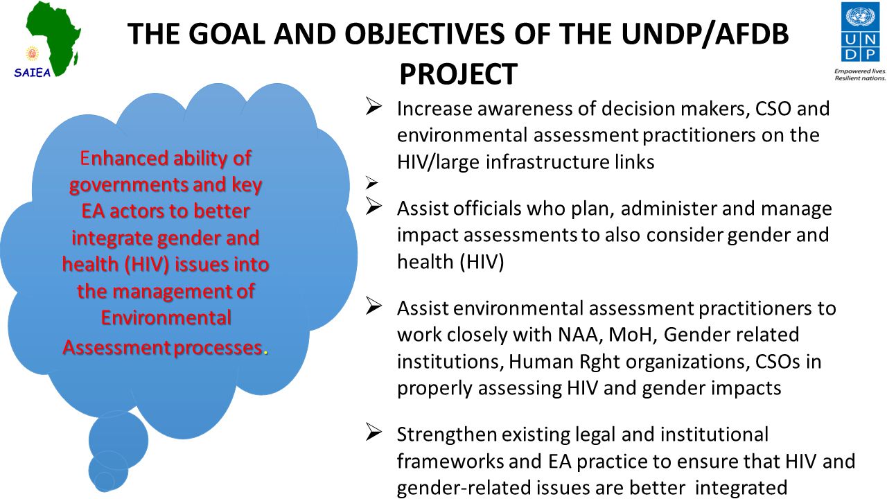 THE GOAL AND OBJECTIVES OF THE UNDP/AFDB PROJECT  Increase awareness of decision makers, CSO and environmental assessment practitioners on the HIV/large infrastructure links   Assist officials who plan, administer and manage impact assessments to also consider gender and health (HIV)  Assist environmental assessment practitioners to work closely with NAA, MoH, Gender related institutions, Human Rght organizations, CSOs in properly assessing HIV and gender impacts  Strengthen existing legal and institutional frameworks and EA practice to ensure that HIV and gender-related issues are better integrated nhanced ability of governments and key EA actors to better integrate gender and health (HIV) issues into the management of Environmental Assessment processes.